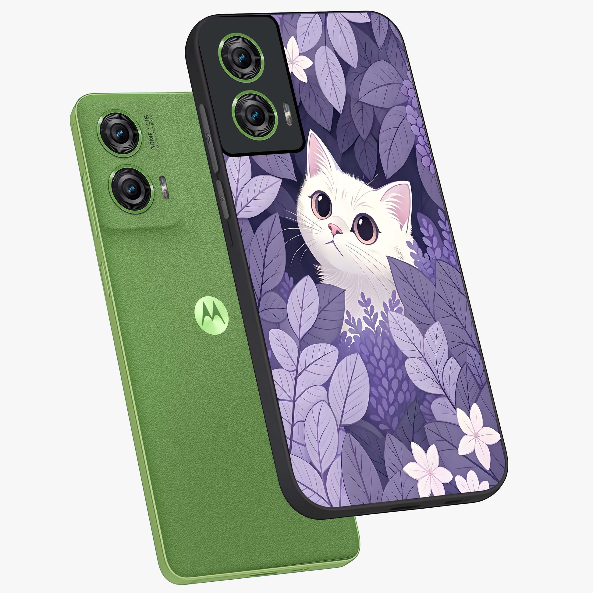 Lilac Hide Peek Cat Glass Case displayed in angled mockup highlighting playful feline illustration with lilac aesthetic design.