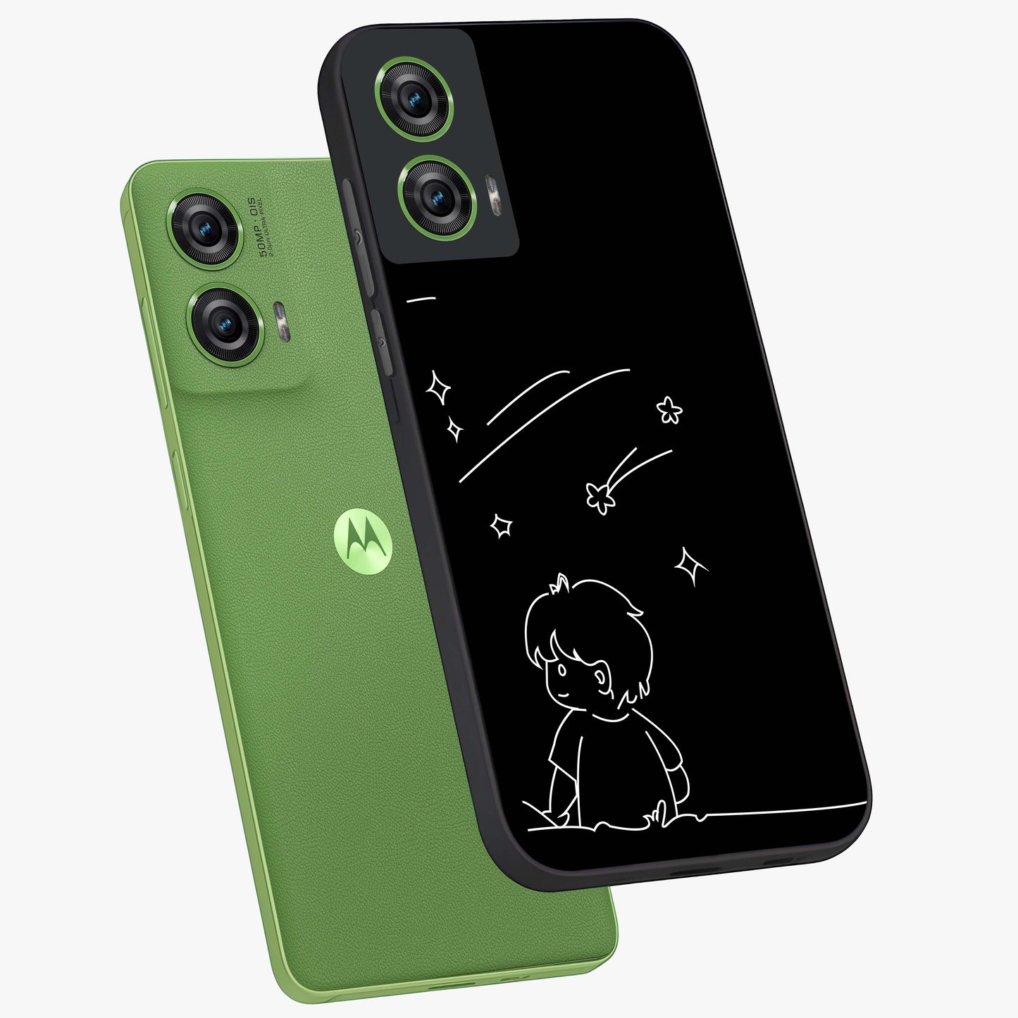 Line Art Boy With Shooting Stars Glass Case displayed in angled mockup highlighting elegant line art design with dreamy star aesthetic.
