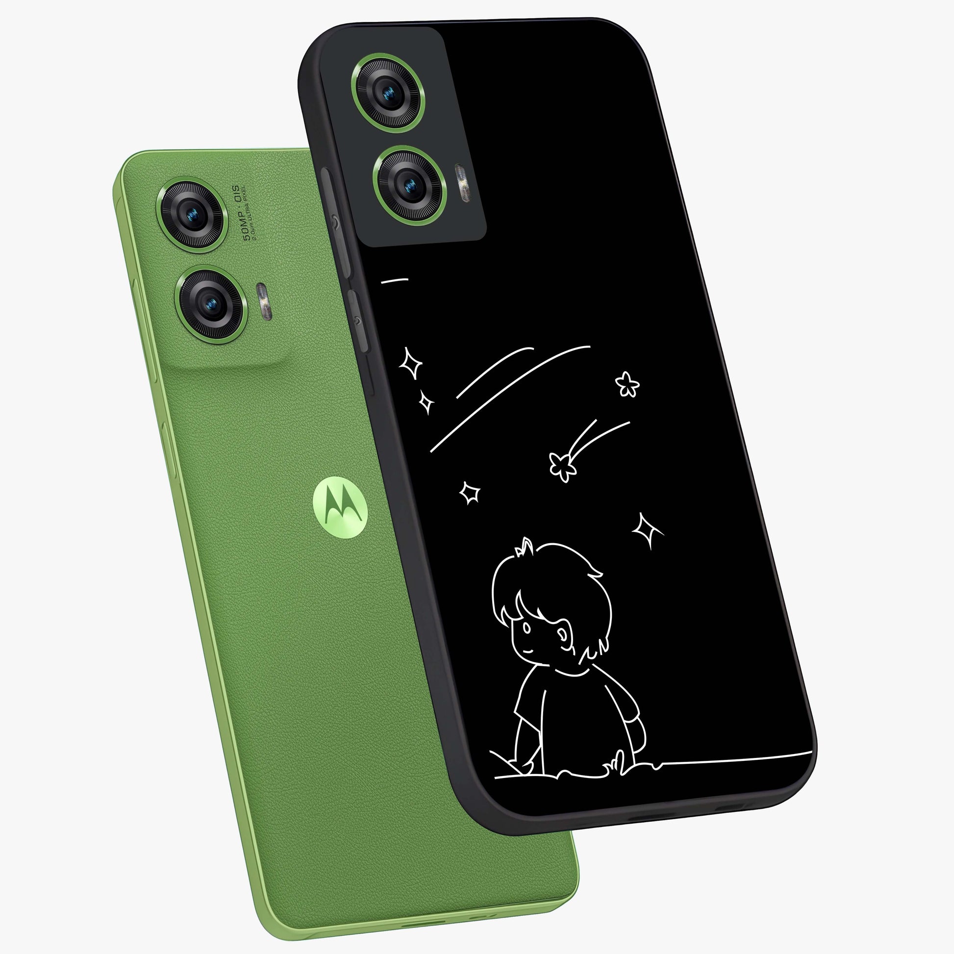 Line Art Boy With Shooting Stars Glass Case displayed in angled mockup highlighting elegant line art design with dreamy star aesthetic.