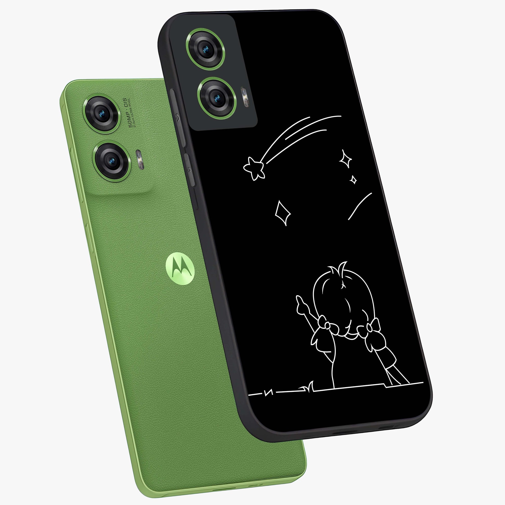 Line Art Girl With Shooting Stars Glass Case displayed in angled mockup highlighting elegant line art design with dreamy star aesthetic.