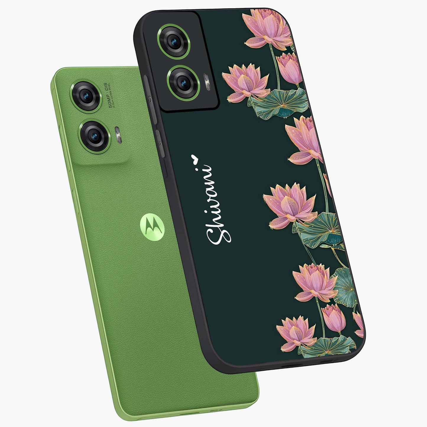 Lotus Bloom Serenity Custom Name Glass Case displayed in angled mockup highlighting graceful lotus illustration with custom name feature.