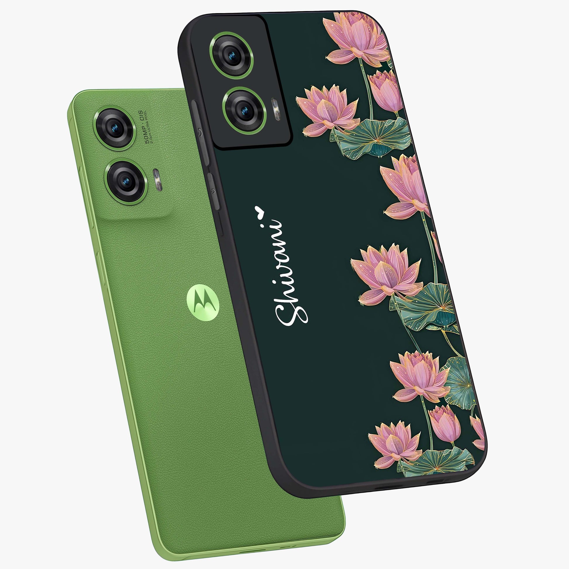 Lotus Bloom Serenity Custom Name Glass Case displayed in angled mockup highlighting graceful lotus illustration with custom name feature.
