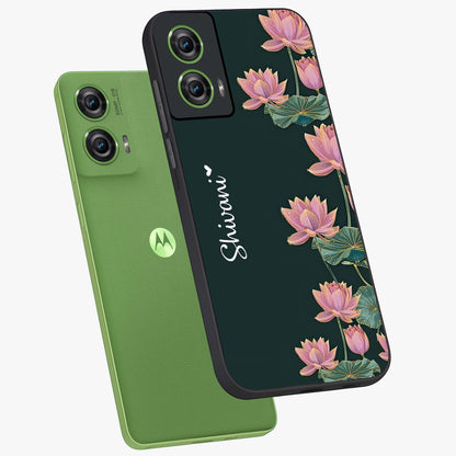 Lotus Bloom Serenity Custom Name Glass Case displayed in angled mockup highlighting graceful lotus illustration with custom name feature.