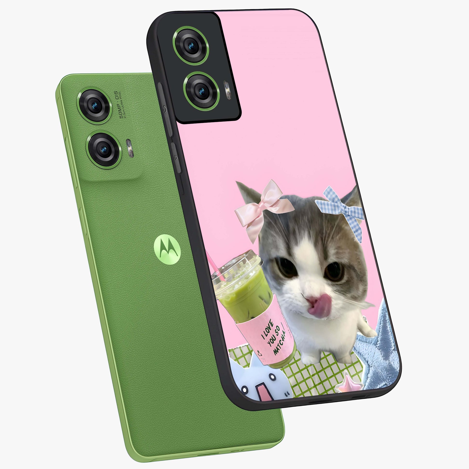 Love Matcha Cat Glass Case displayed in angled mockup highlighting playful feline illustration with cozy matcha aesthetic.