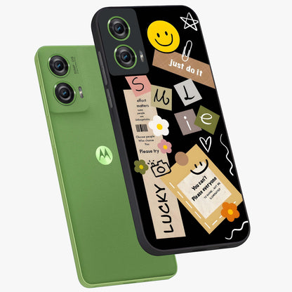 Lucky Aesthetic Collage Glass Case displayed in angled mockup highlighting stylish collage pattern with modern aesthetic vibe.