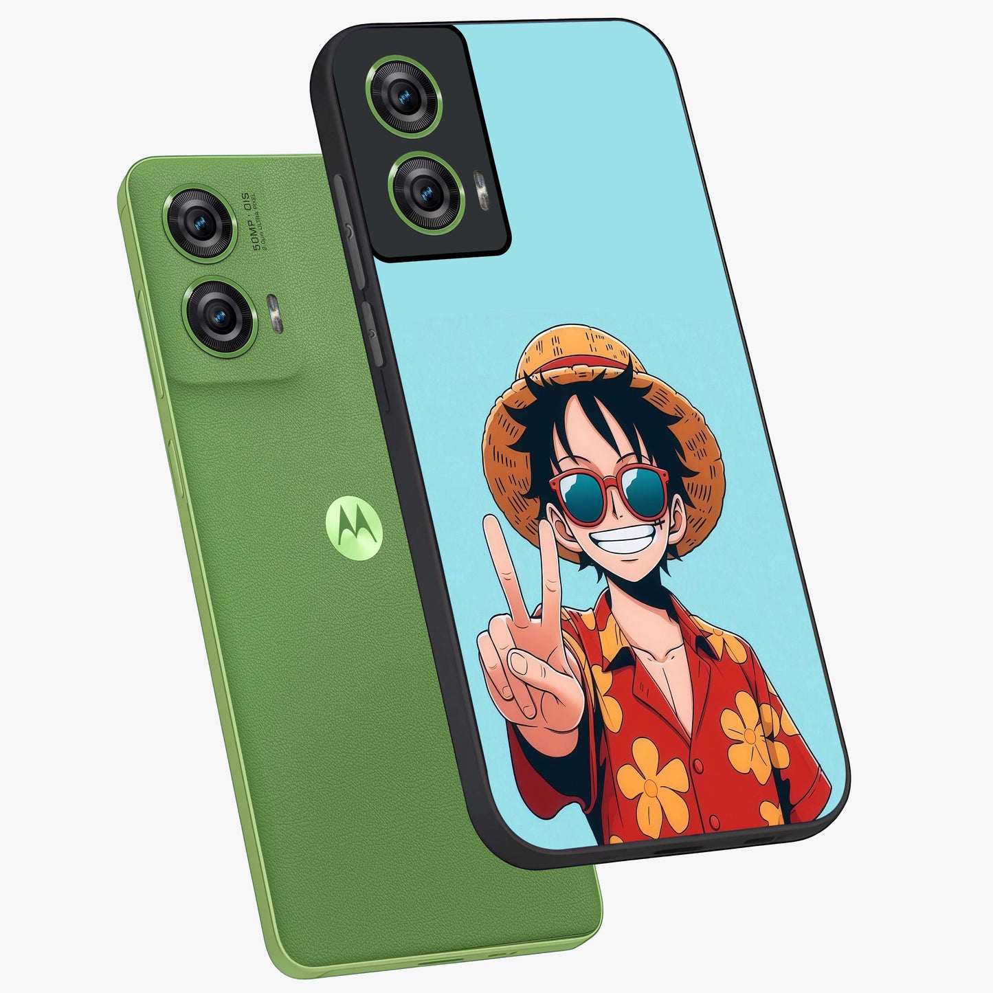 Luffy Summer Anime Vibe Glass Case displayed in angled mockup highlighting energetic anime illustration with summer vibe aesthetic.