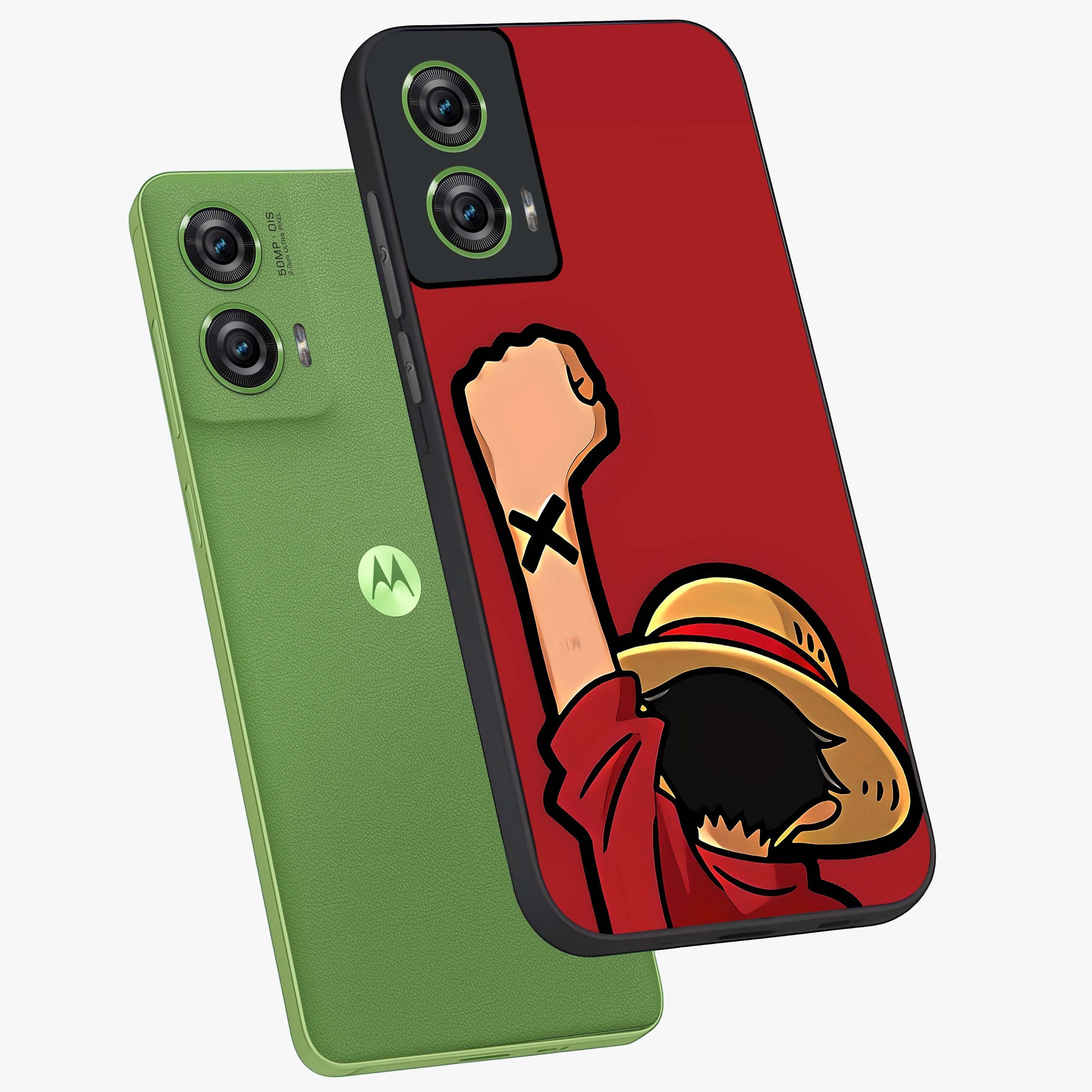 Luffy X Spirit Glass Case displayed in angled mockup highlighting powerful anime design with energetic action aesthetic.