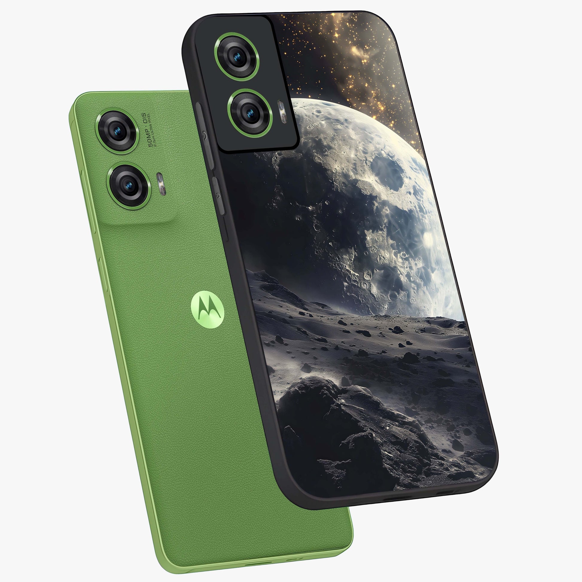 Lunar Horizon Glow Glass Case displayed in angled mockup highlighting celestial moon design with dreamy night aesthetic.