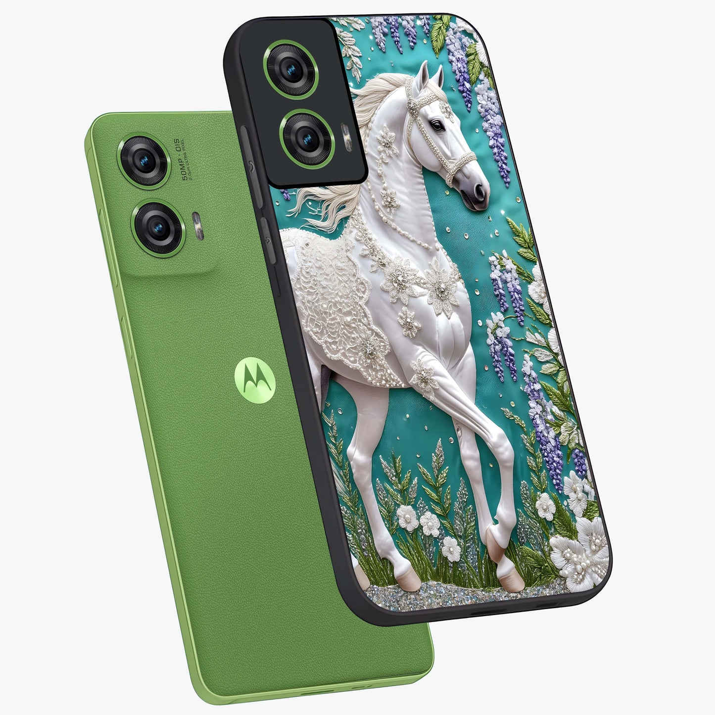Majestic Floral Stallion Glass Case displayed in angled mockup highlighting majestic stallion illustration with elegant floral aesthetic.