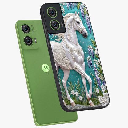 Majestic Floral Stallion Glass Case displayed in angled mockup highlighting majestic stallion illustration with elegant floral aesthetic.
