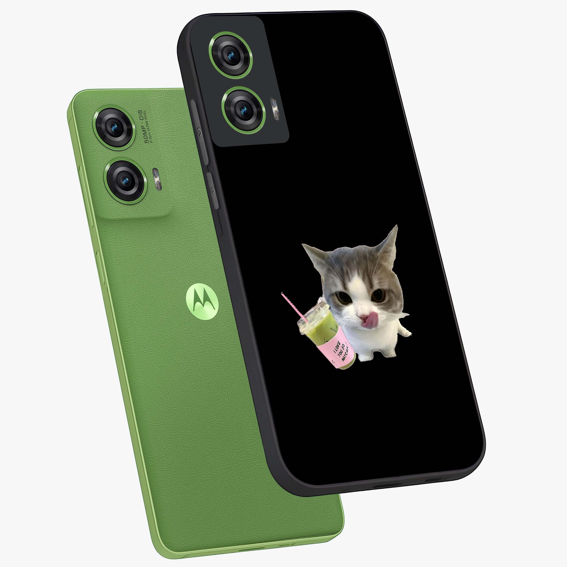 Matcha Cat Style Glass Case displayed in angled mockup highlighting playful feline design with pastel matcha aesthetic.