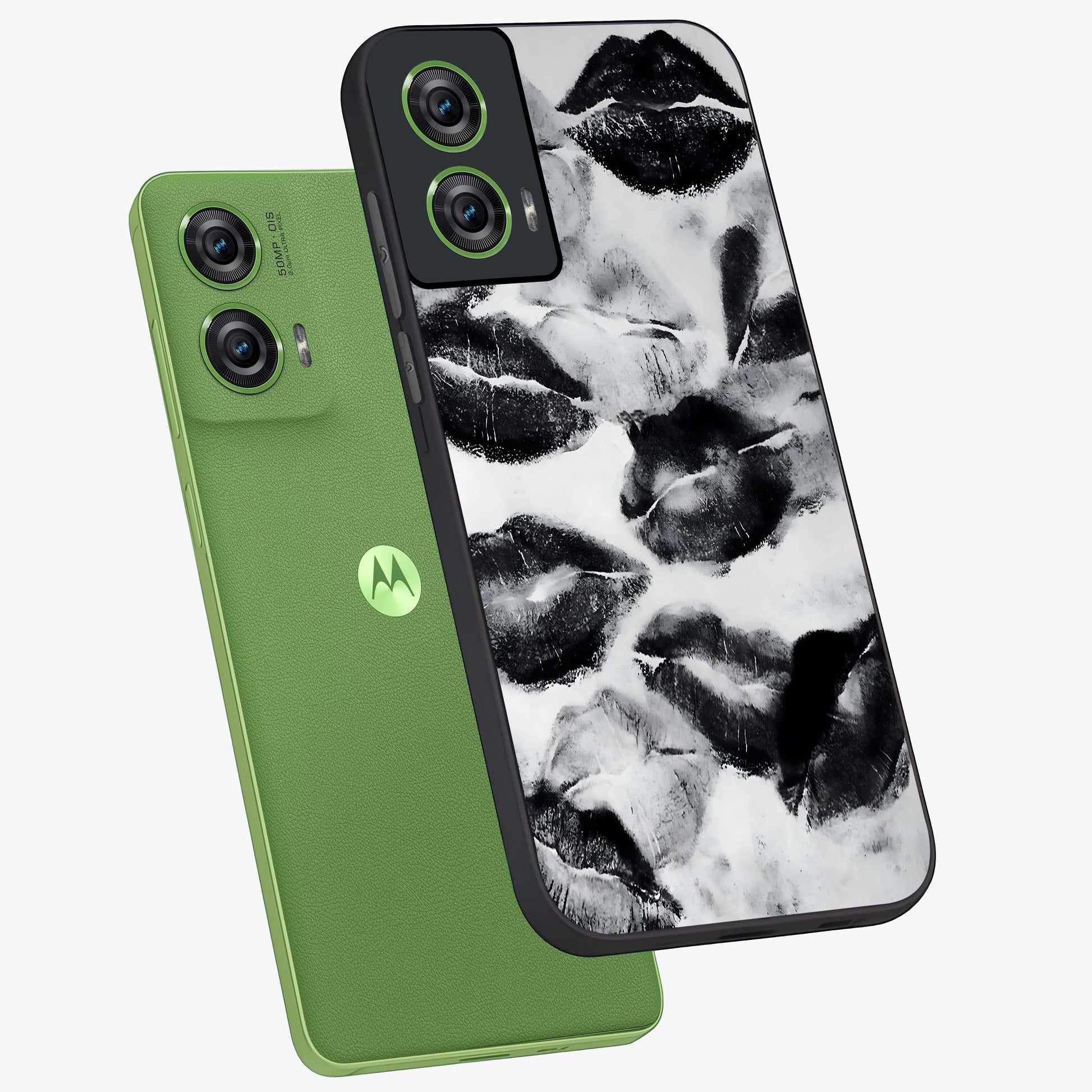 Midnight Kiss Marks Glass Case displayed in angled mockup highlighting playful romantic design with bold midnight aesthetic.