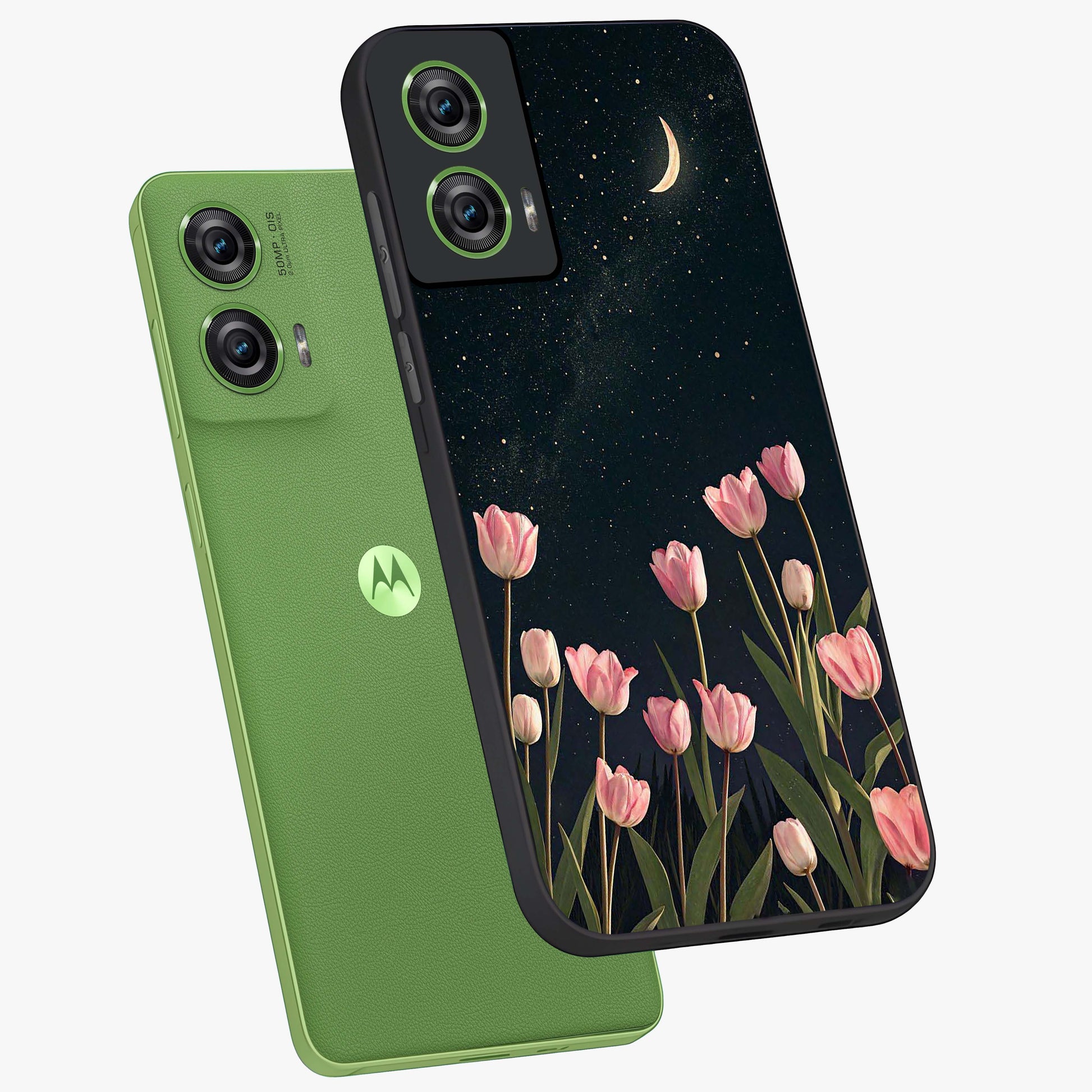 Midnight Tulip Whispers Vibe Glass Case displayed in angled mockup highlighting delicate tulip design with midnight floral aesthetic.