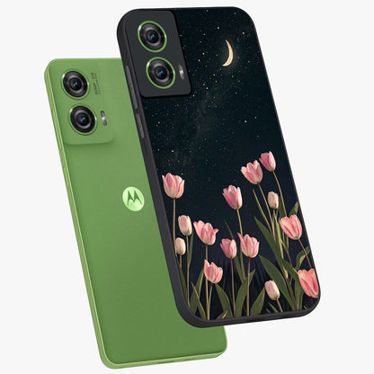 Midnight Tulip Whispers Vibe Glass Case displayed in angled mockup highlighting delicate tulip design with midnight floral aesthetic.