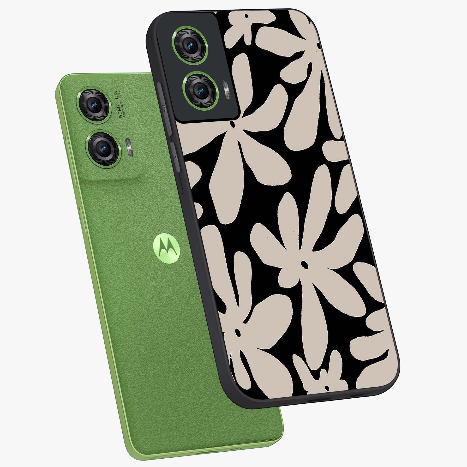 Monochrome Petal Dance Glass Case displayed in angled mockup highlighting elegant petal design with black and white aesthetic.