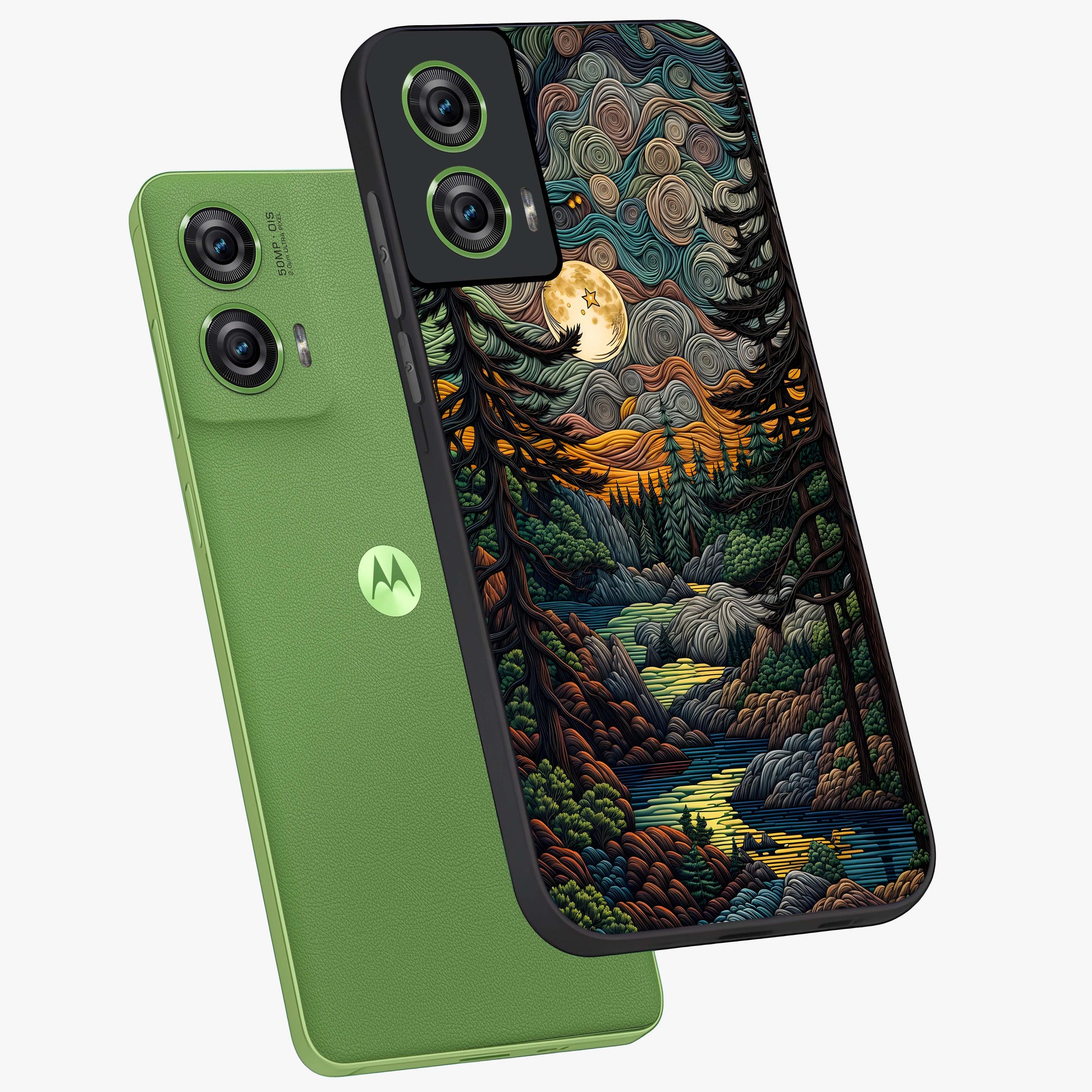 Moonlight Forest Dream Glass Case displayed in angled mockup highlighting dreamy forest design with glowing moon aesthetic.