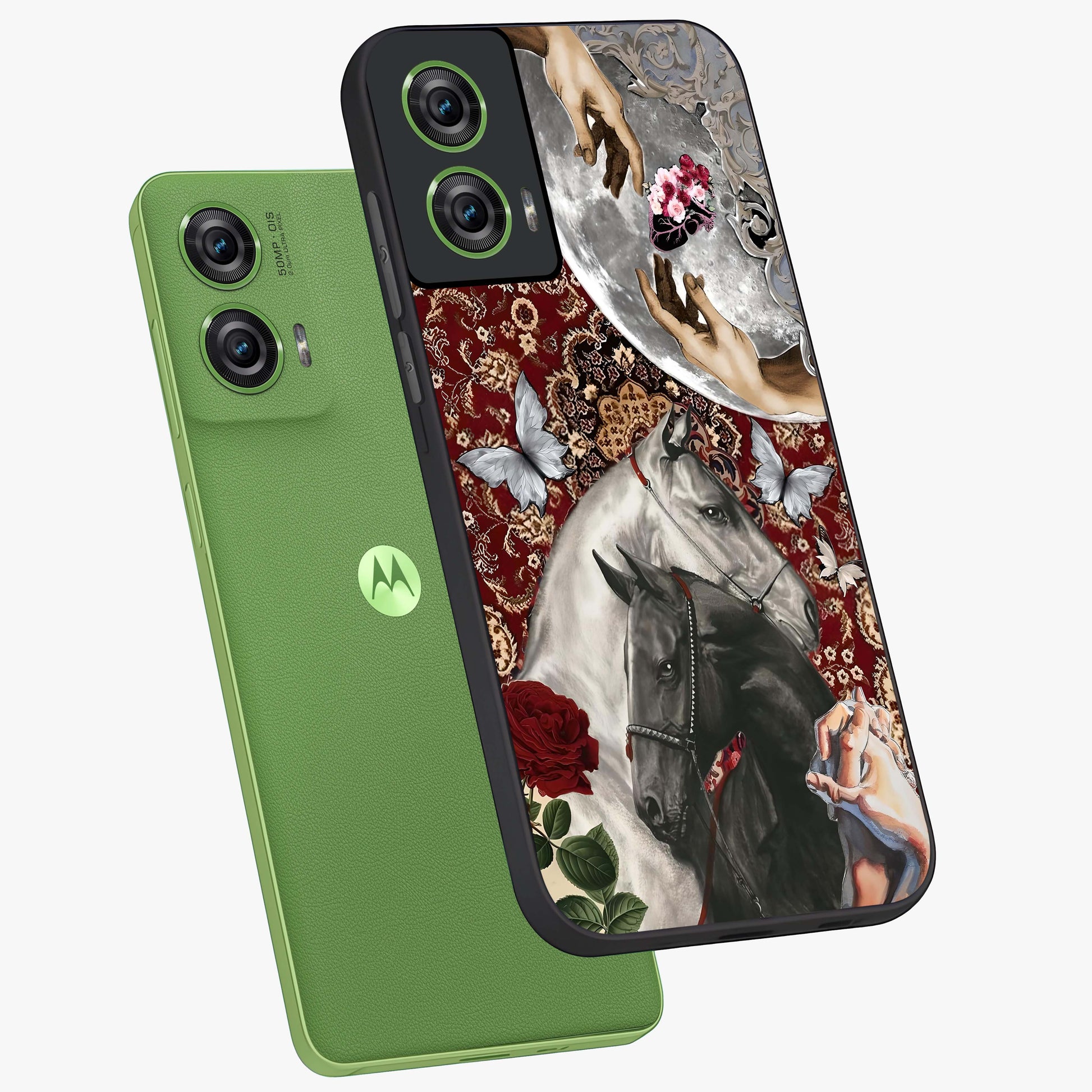 Moonlit Royal Stallion Glass Case displayed in angled mockup highlighting powerful stallion illustration with royal night aesthetic.