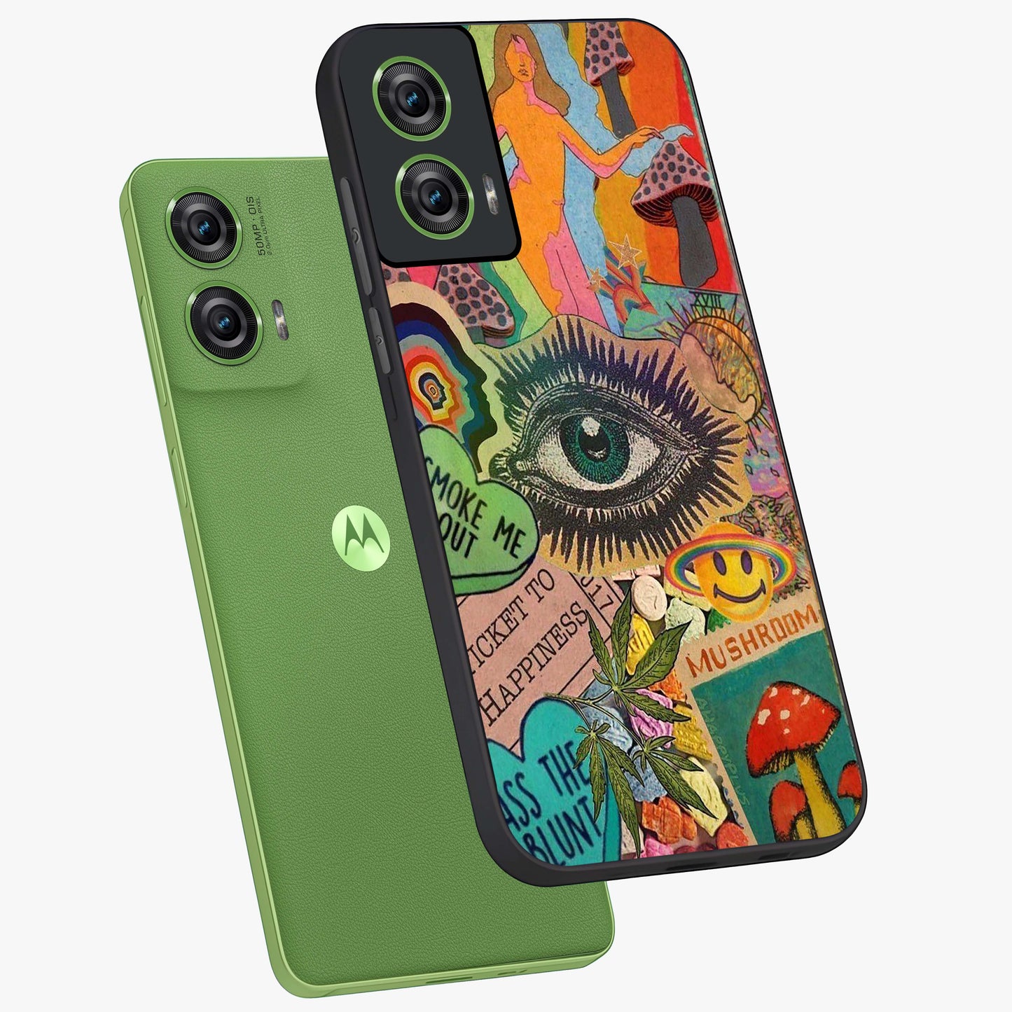 Mystic Eye Wonderland Glass Case displayed in angled mockup highlighting magical eye illustration with dreamy aesthetic.