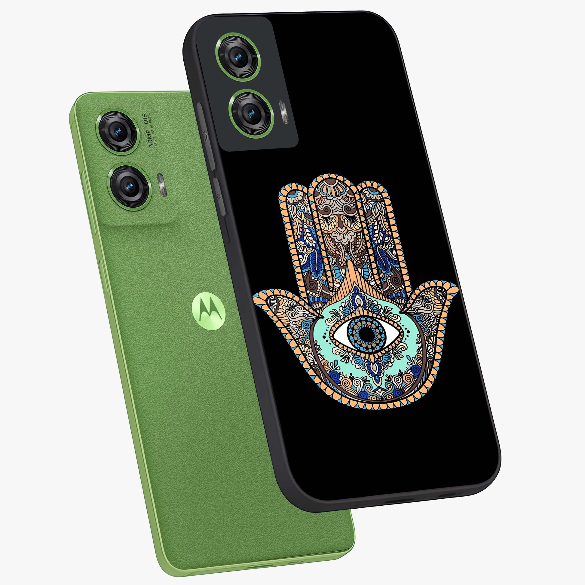Mystic Hamsa Eye Glass Case displayed in angled mockup highlighting spiritual hamsa symbol with mystical aesthetic style.
