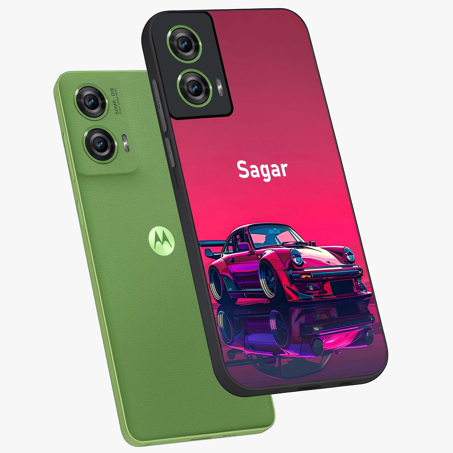 Neon Pink Porsche Glass Case displayed in angled mockup highlighting sleek neon pink car design with racing aesthetic.