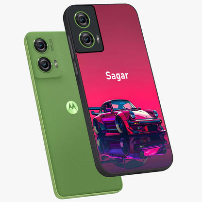 Neon Pink Porsche Glass Case displayed in angled mockup highlighting sleek neon pink car design with racing aesthetic.