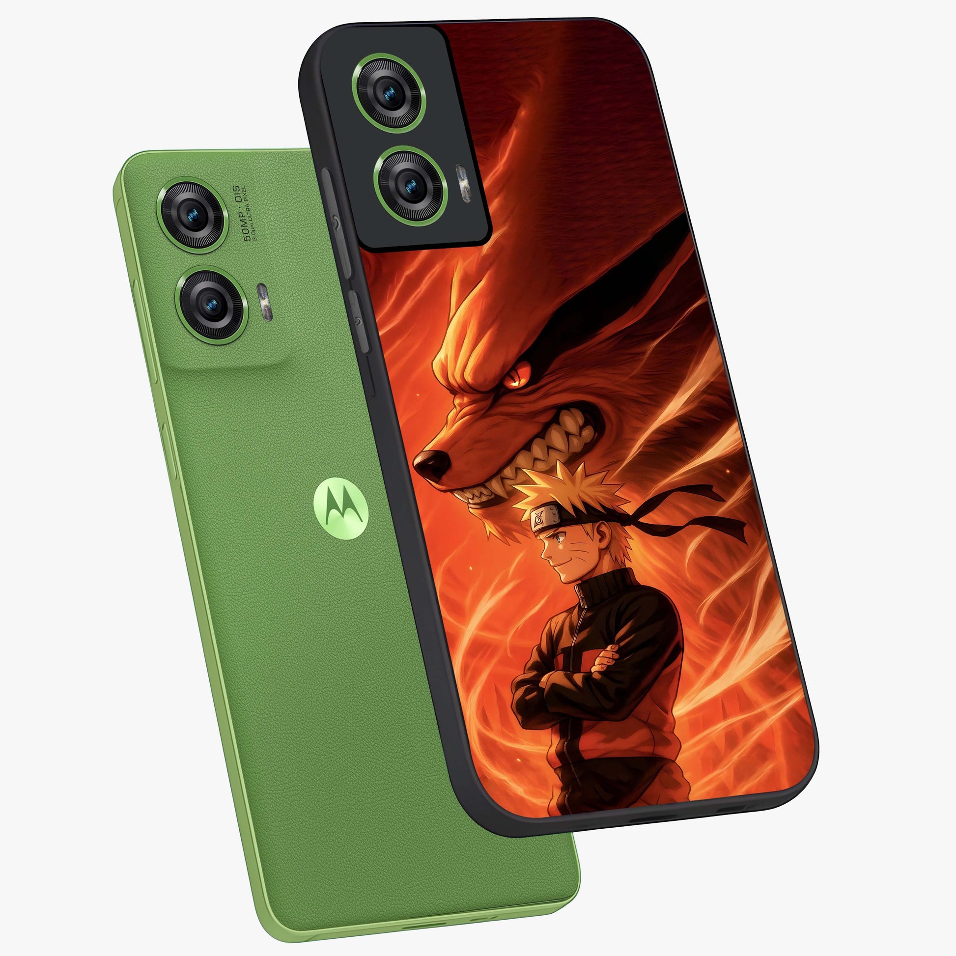 Nine Tails Legacy Glass Case displayed in angled mockup highlighting dynamic anime beast illustration with bold mystical aesthetic.