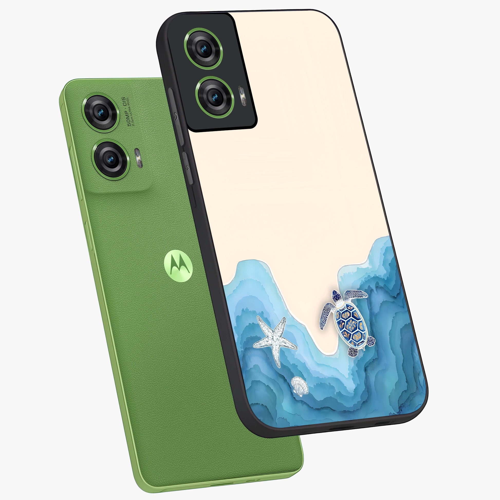 Ocean Drift Turtle Glass Case displayed in angled mockup highlighting peaceful ocean turtle illustration with marine aesthetic.