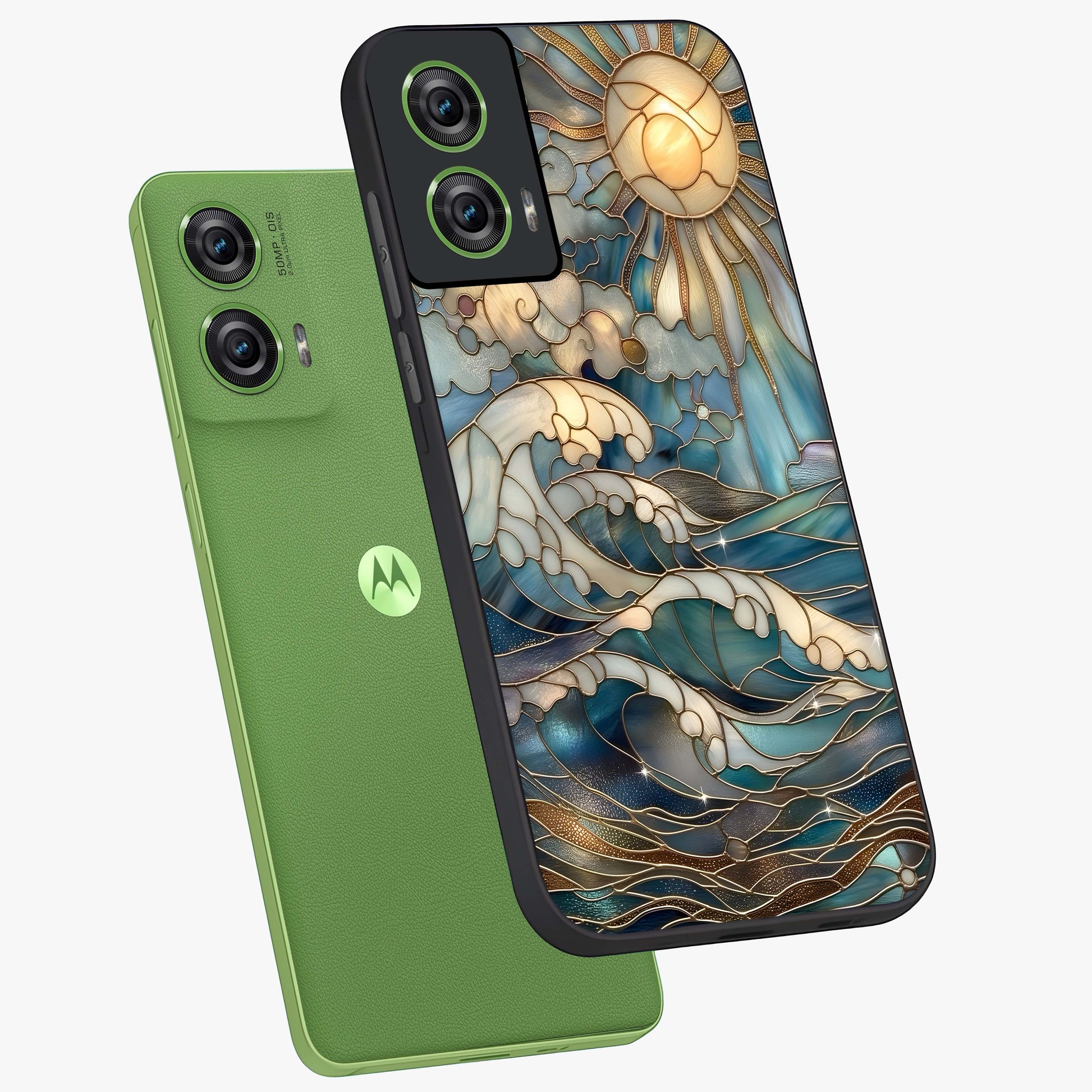 Oceanic Stained Printed Glass Case displayed in angled mockup highlighting colorful aquatic design with artistic aesthetic style.