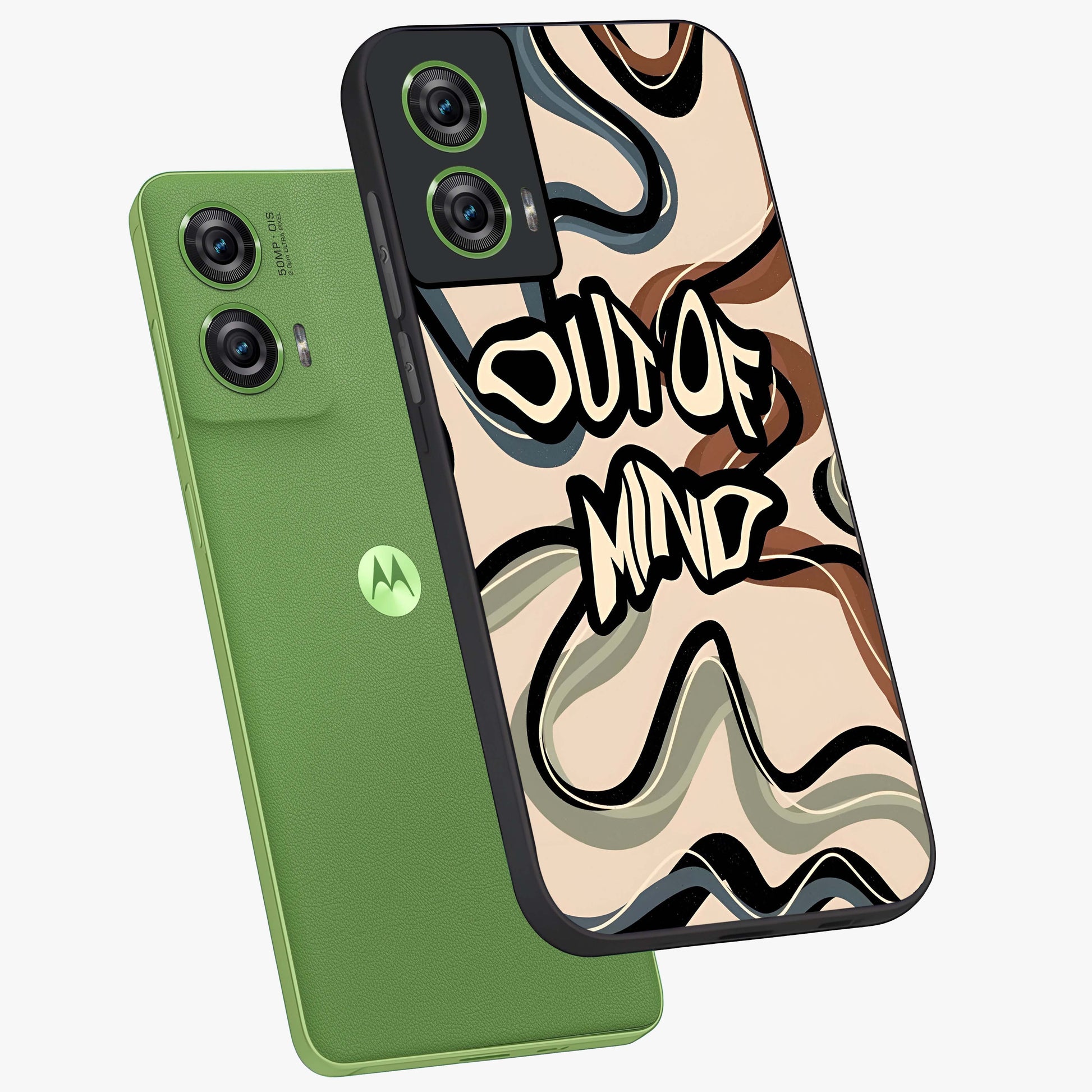 Out Of Mind Glass Case displayed in angled mockup highlighting bold statement design with modern artistic aesthetic.