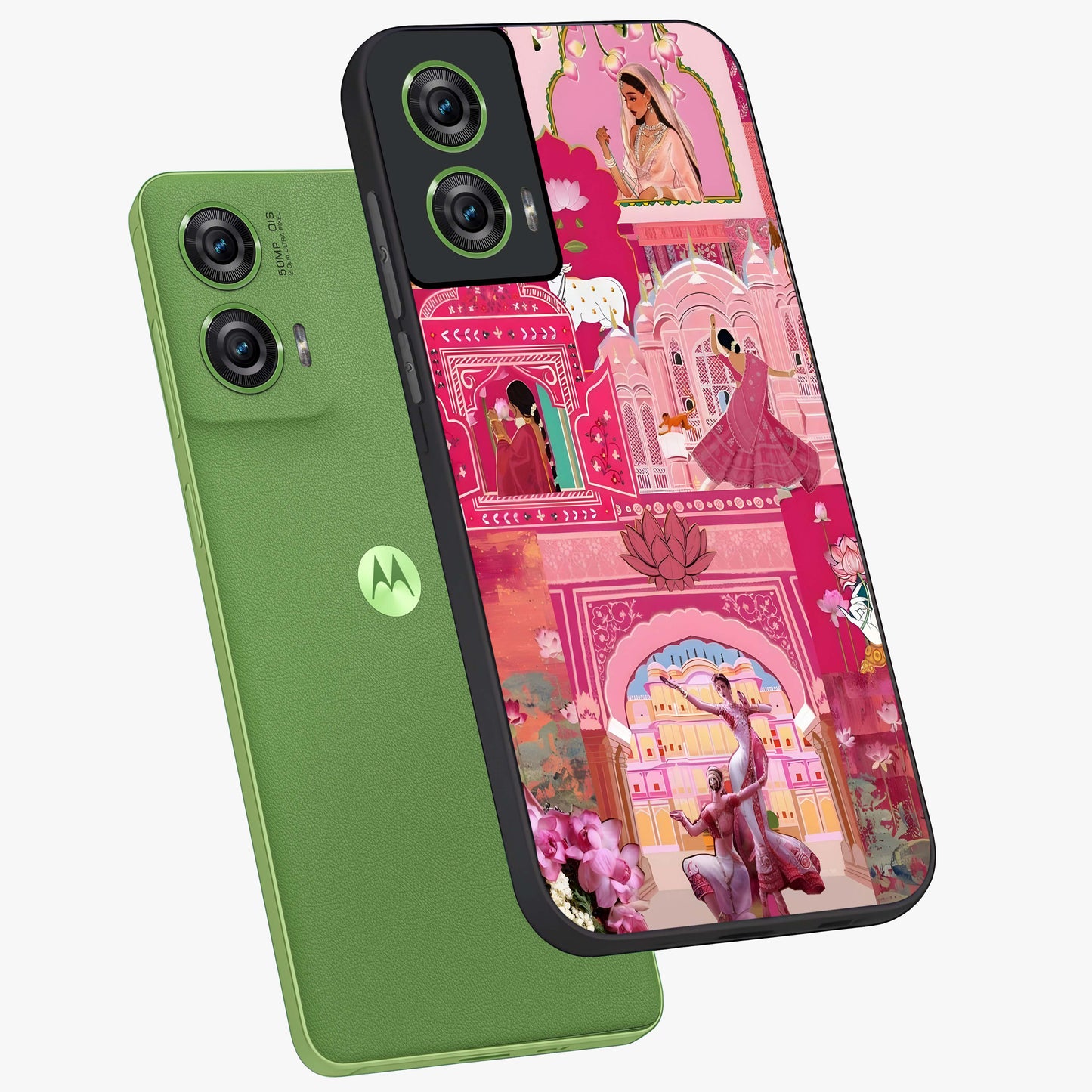 Pink Palace Muse Glass Case displayed in angled mockup highlighting dreamy palace illustration with soft pink aesthetic.