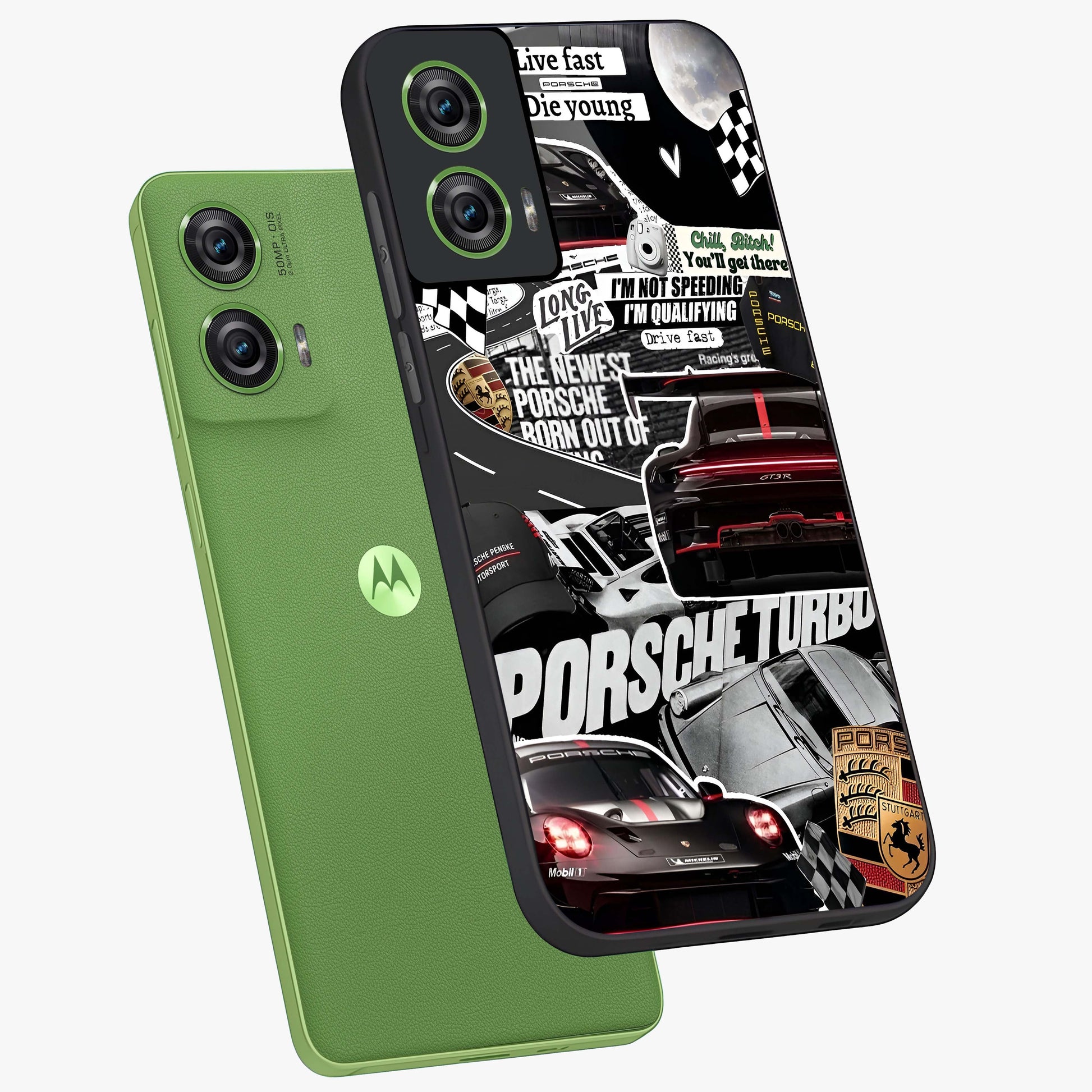 Porsche Racing Collage Glass Case displayed in angled mockup highlighting dynamic automotive design with bold racing aesthetic.