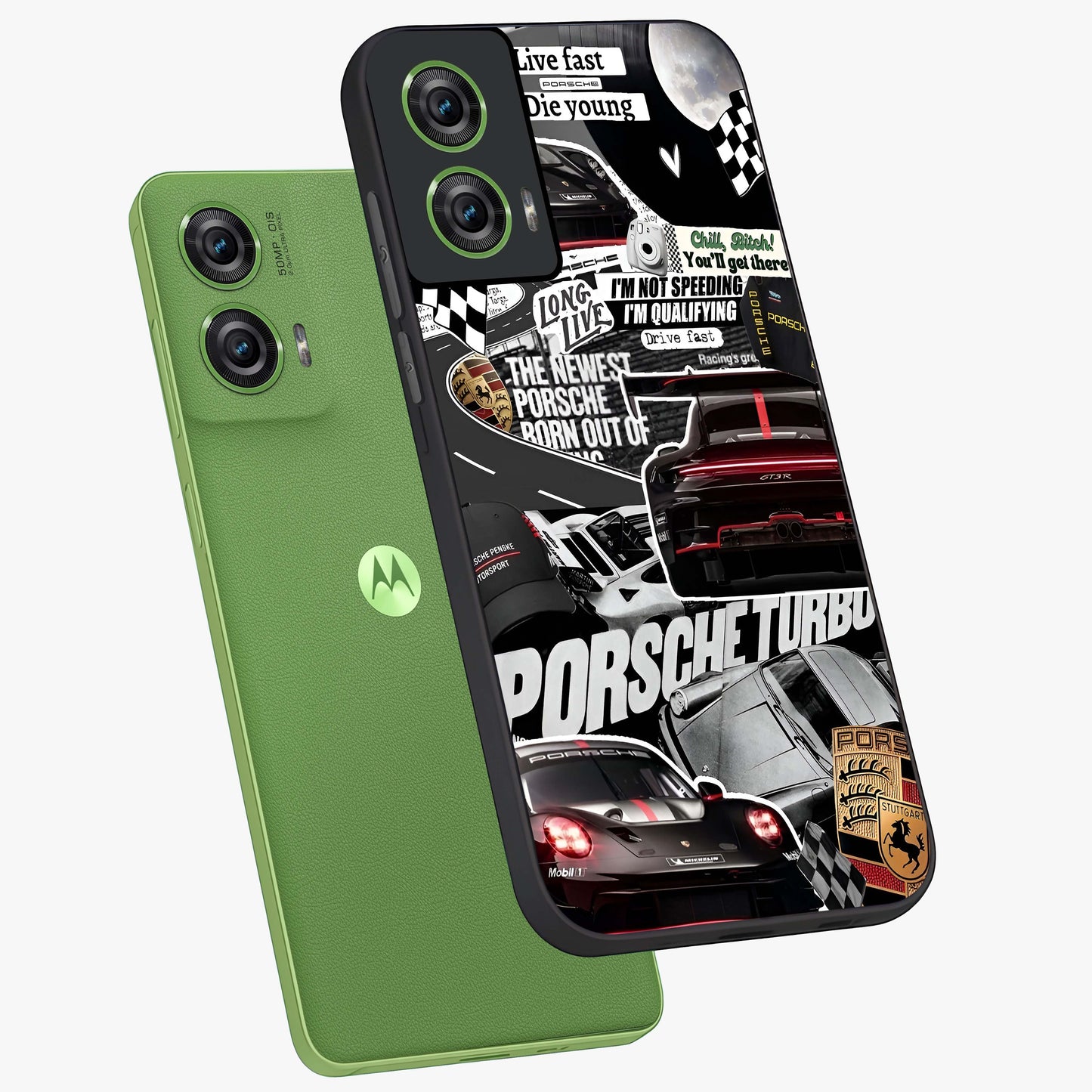 Porsche Racing Collage Glass Case displayed in angled mockup highlighting dynamic automotive design with bold racing aesthetic.