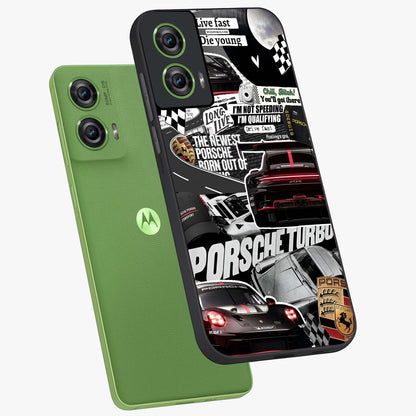 Porsche Racing Collage Glass Case displayed in angled mockup highlighting dynamic automotive design with bold racing aesthetic.