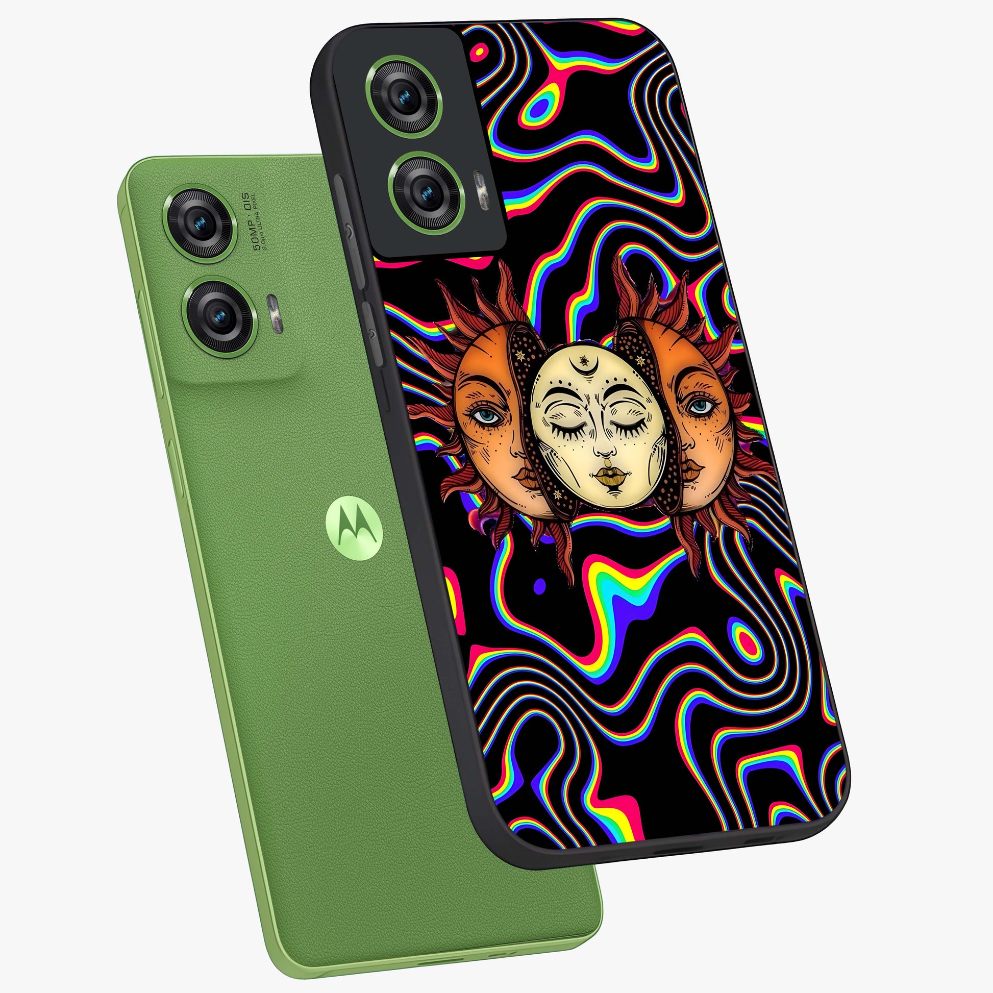 Psychedelic Sun Glass Case displayed in angled mockup highlighting vibrant abstract sun design with artistic aesthetic style.