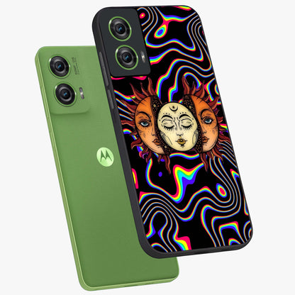 Psychedelic Sun Glass Case displayed in angled mockup highlighting vibrant abstract sun design with artistic aesthetic style.