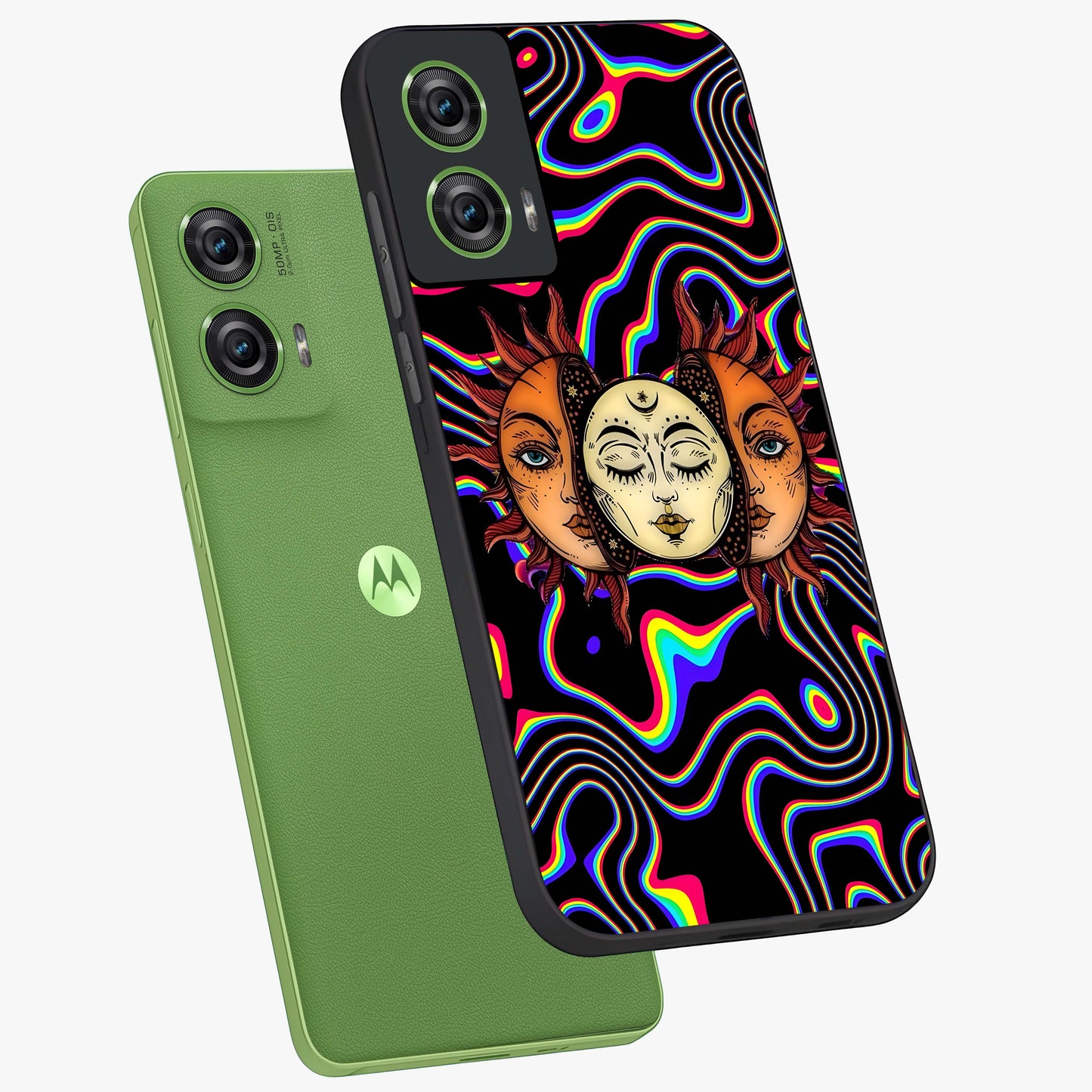 Psychedelic Sun Glass Case displayed in angled mockup highlighting vibrant abstract sun design with artistic aesthetic style.