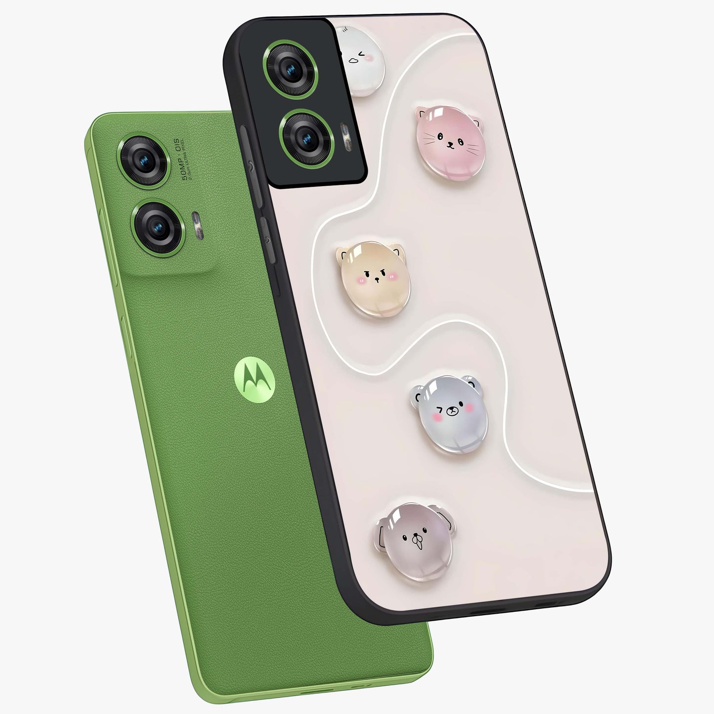 Puffy Face Parade Glass Case displayed in angled mockup highlighting playful cartoon face design with fun aesthetic.