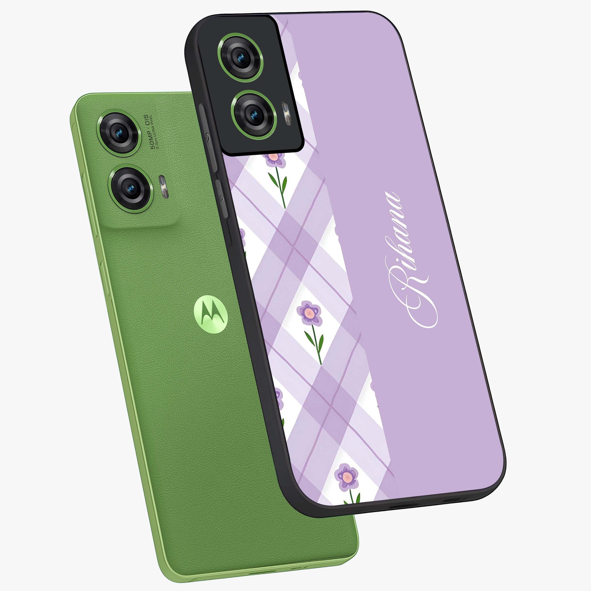 Purple Diamond Floral Glass Case displayed in angled mockup highlighting elegant purple flower design with decorative pattern.