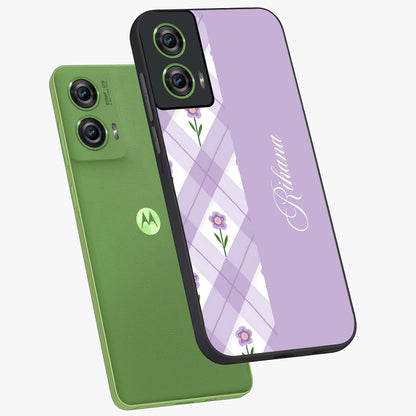 Purple Diamond Floral Glass Case displayed in angled mockup highlighting elegant purple flower design with decorative pattern.