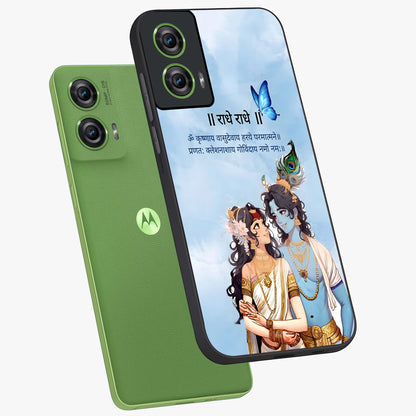 Radha Krishna Eternal Glass Case displayed in angled mockup highlighting divine Radha Krishna illustration with spiritual aesthetic.