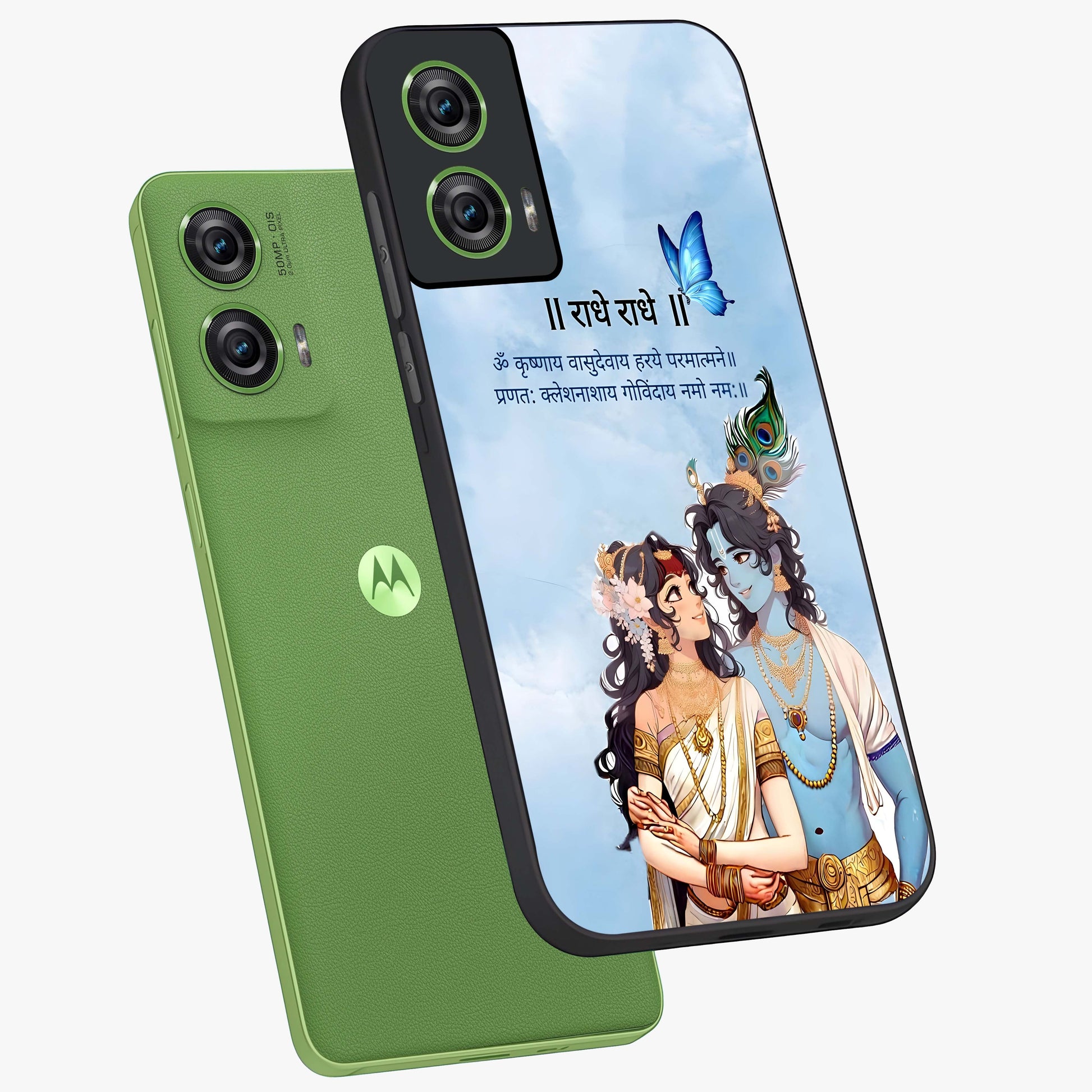 Radha Krishna Eternal Glass Case displayed in angled mockup highlighting divine Radha Krishna illustration with spiritual aesthetic.