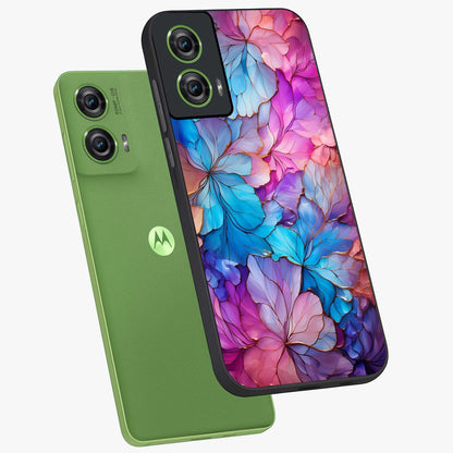 Radiant Floral Whirl Glass Case displayed in angled mockup highlighting vibrant flower pattern with dynamic artistic aesthetic.