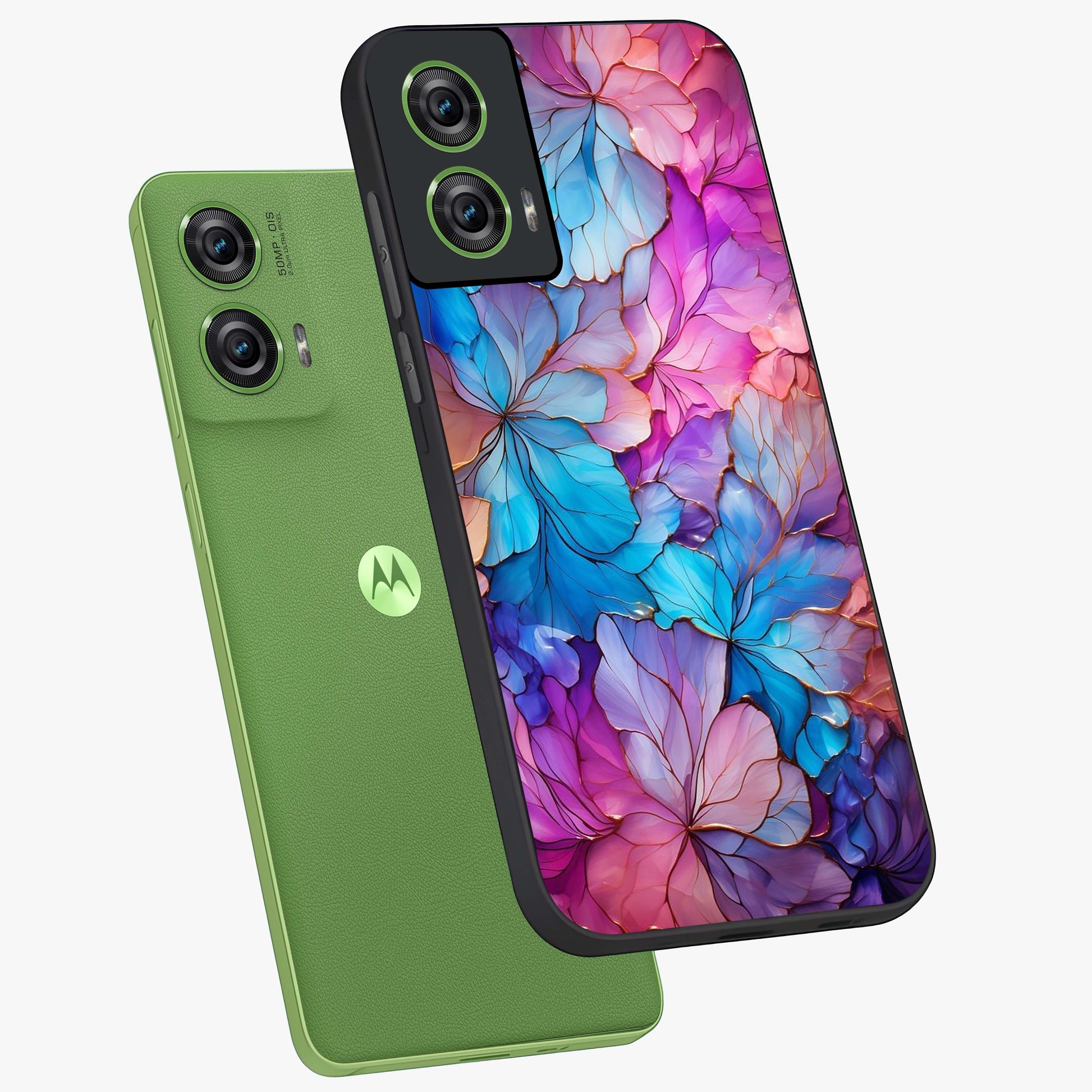 Radiant Floral Whirl Glass Case displayed in angled mockup highlighting vibrant flower pattern with dynamic artistic aesthetic.