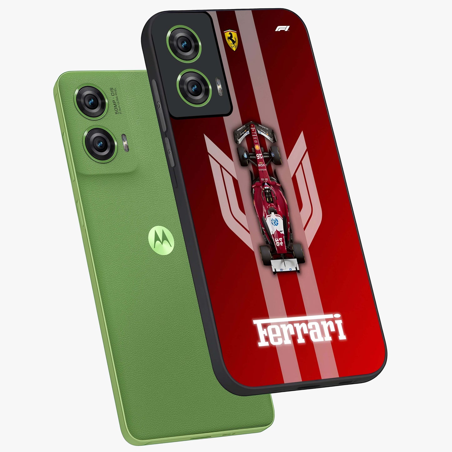Red Ferrari F1 Vertical Glass Case displayed in angled mockup highlighting high speed racing design with bold automotive aesthetic.