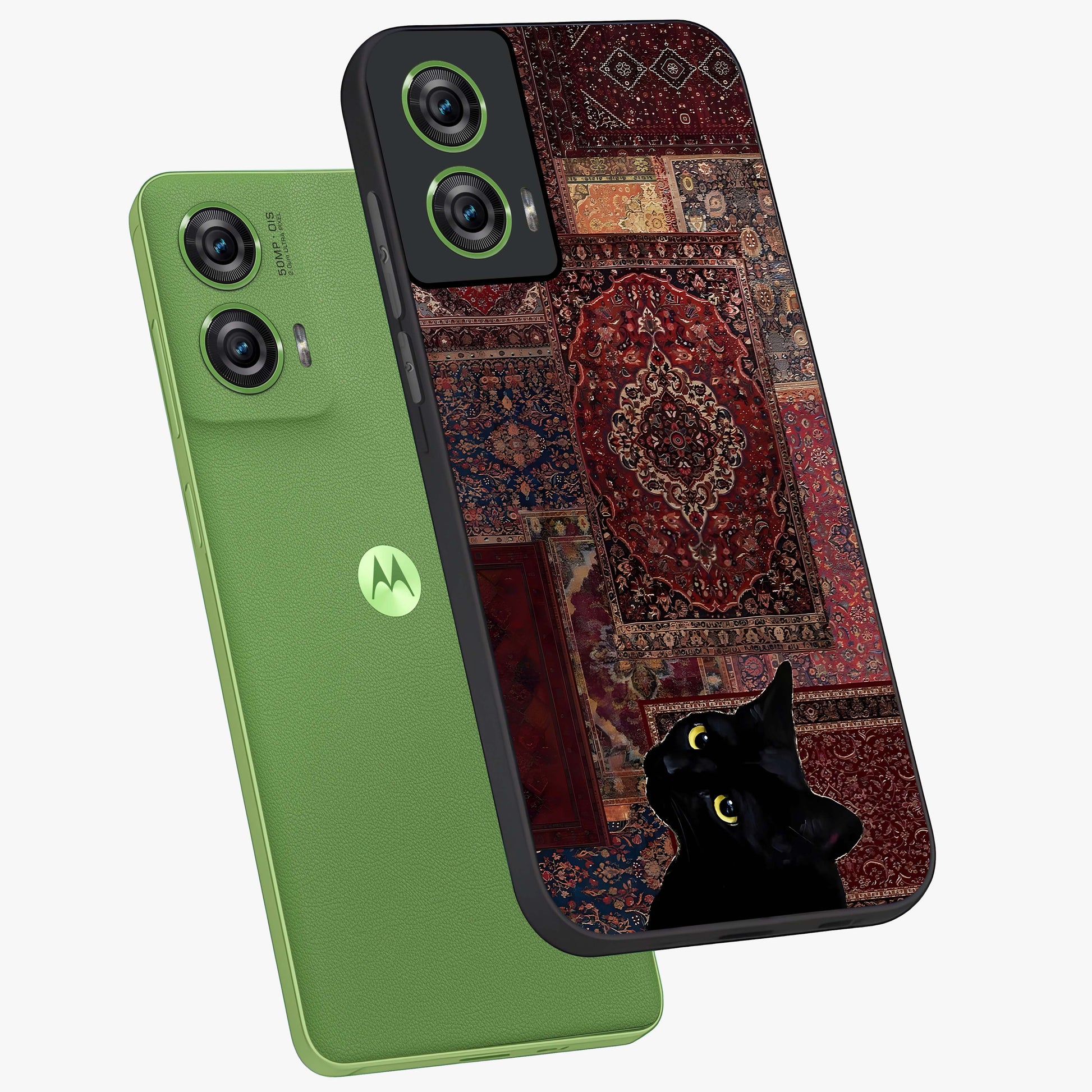 Regal Magic Cat Apple Glass Case displayed in angled mockup highlighting whimsical feline design with fantasy aesthetic.