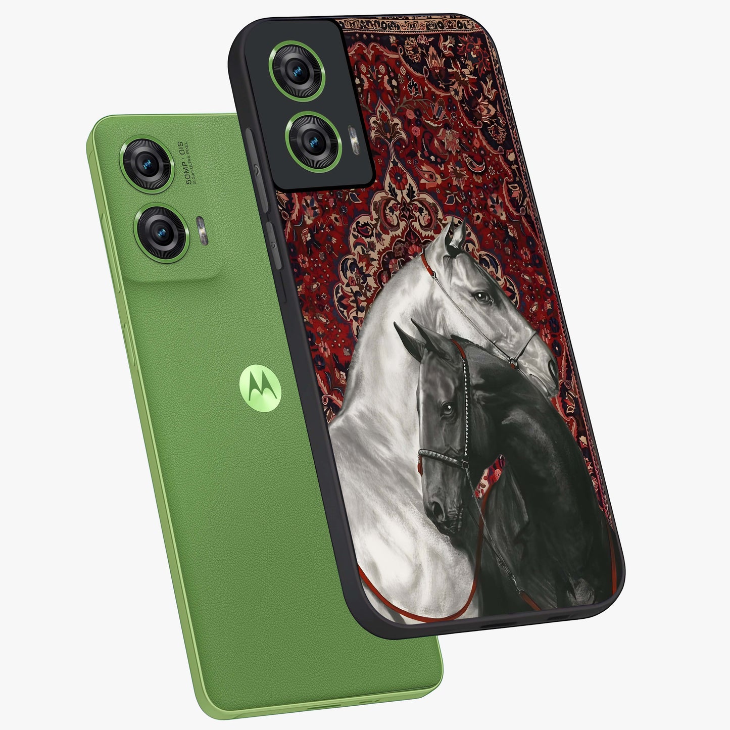 Regal Stallion Tapestry Glass Case displayed in angled mockup highlighting royal stallion design with decorative heritage aesthetic.