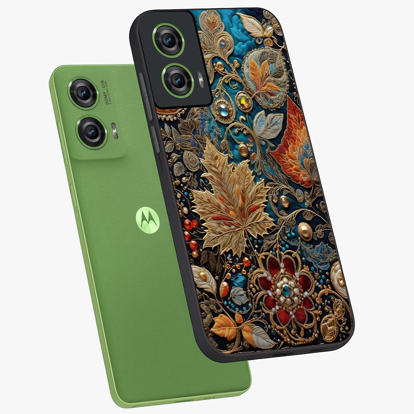 Royal Jewel Garden Glass Case displayed in angled mockup highlighting vibrant jewel inspired floral design with elegant aesthetic.