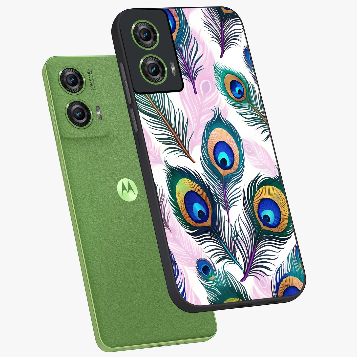 Royal Peacock Feathers Glass Case displayed in angled mockup highlighting vibrant feather pattern with regal aesthetic style.