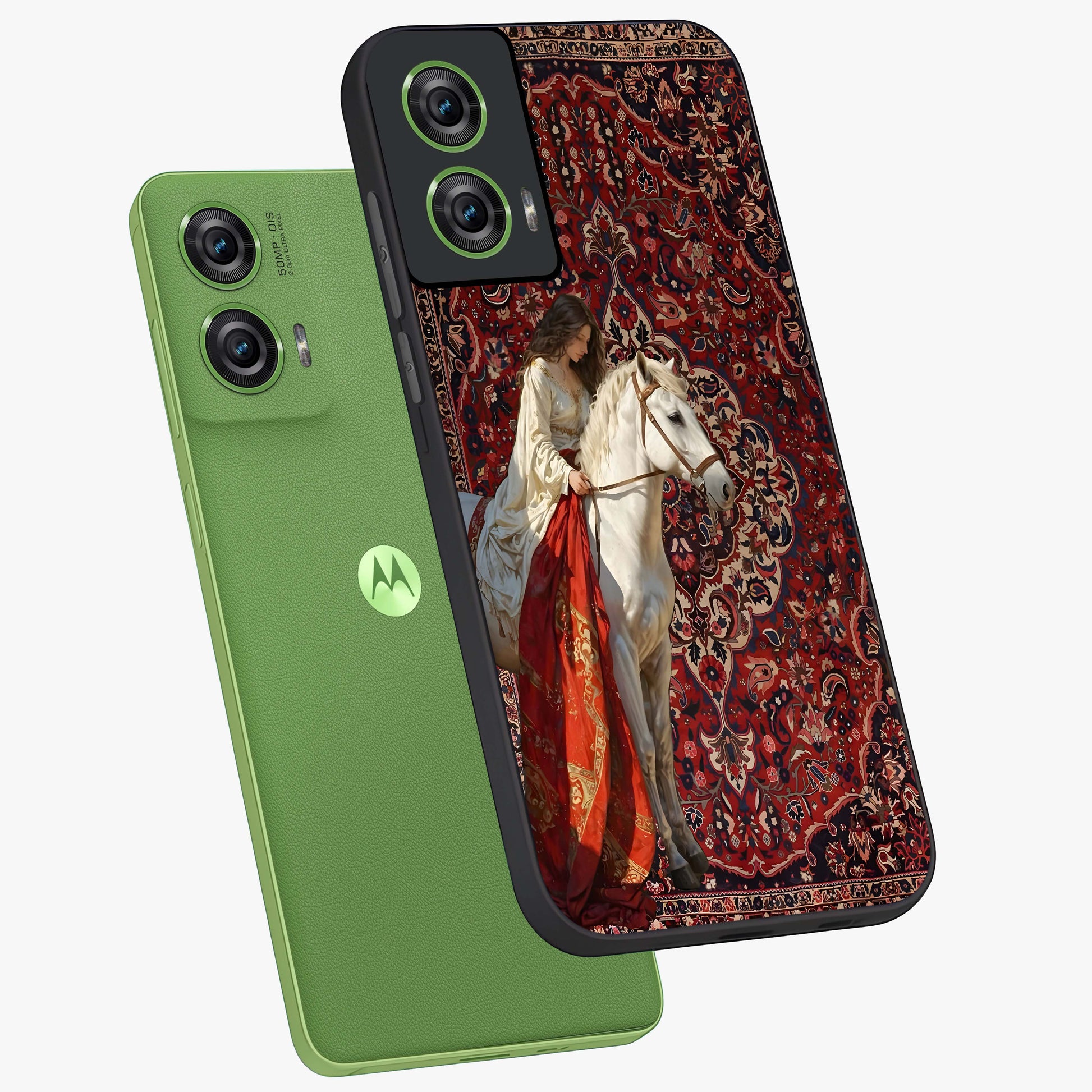 Royal Rider Tapestry Glass Case displayed in angled mockup highlighting traditional tapestry design with royal heritage aesthetic.