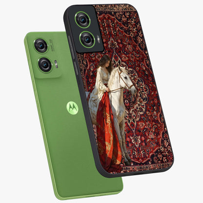 Royal Rider Tapestry Glass Case displayed in angled mockup highlighting traditional tapestry design with royal heritage aesthetic.